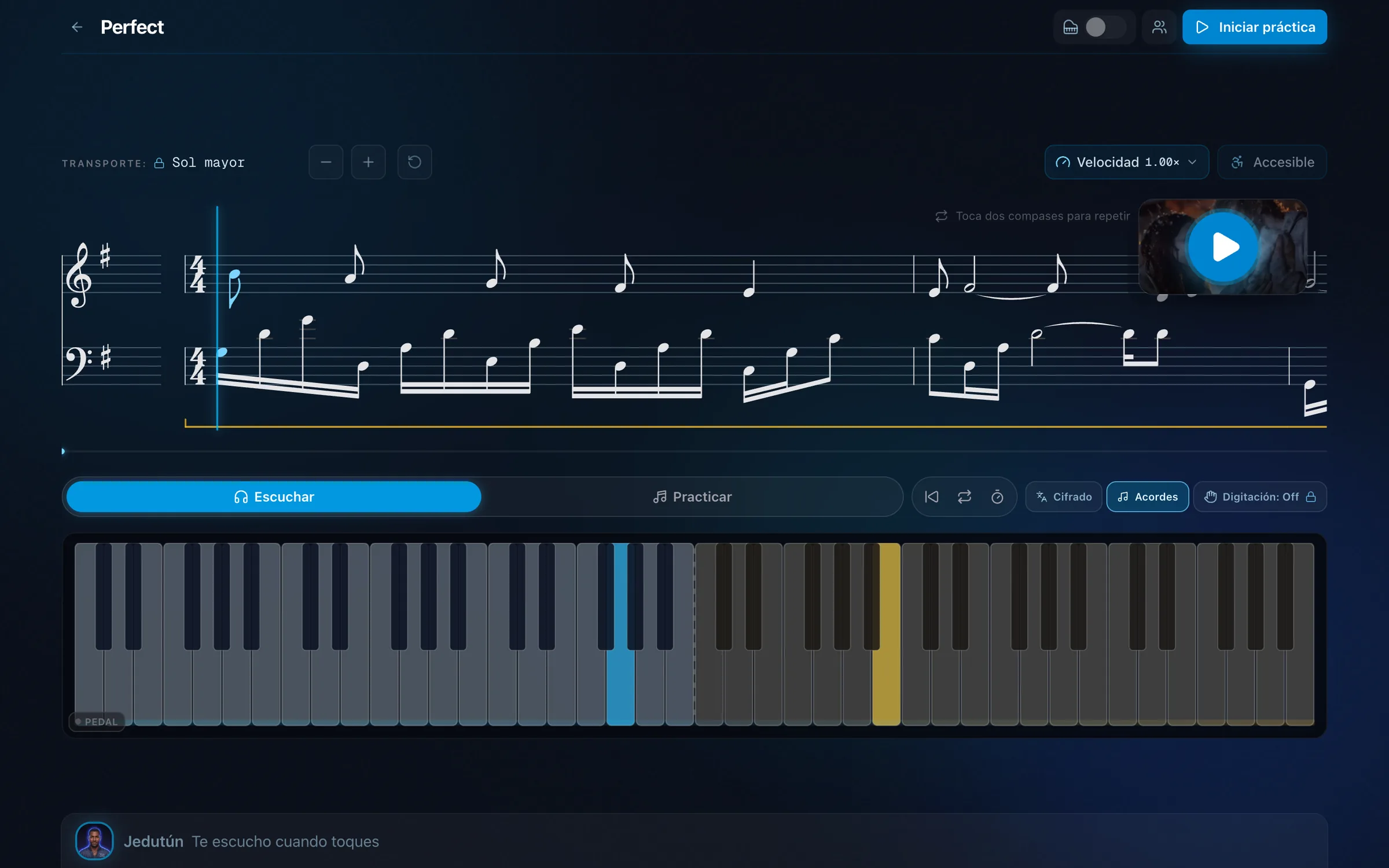 Karaoke de SonarPiano: partitura en tiempo real y teclado con las notas encendidas